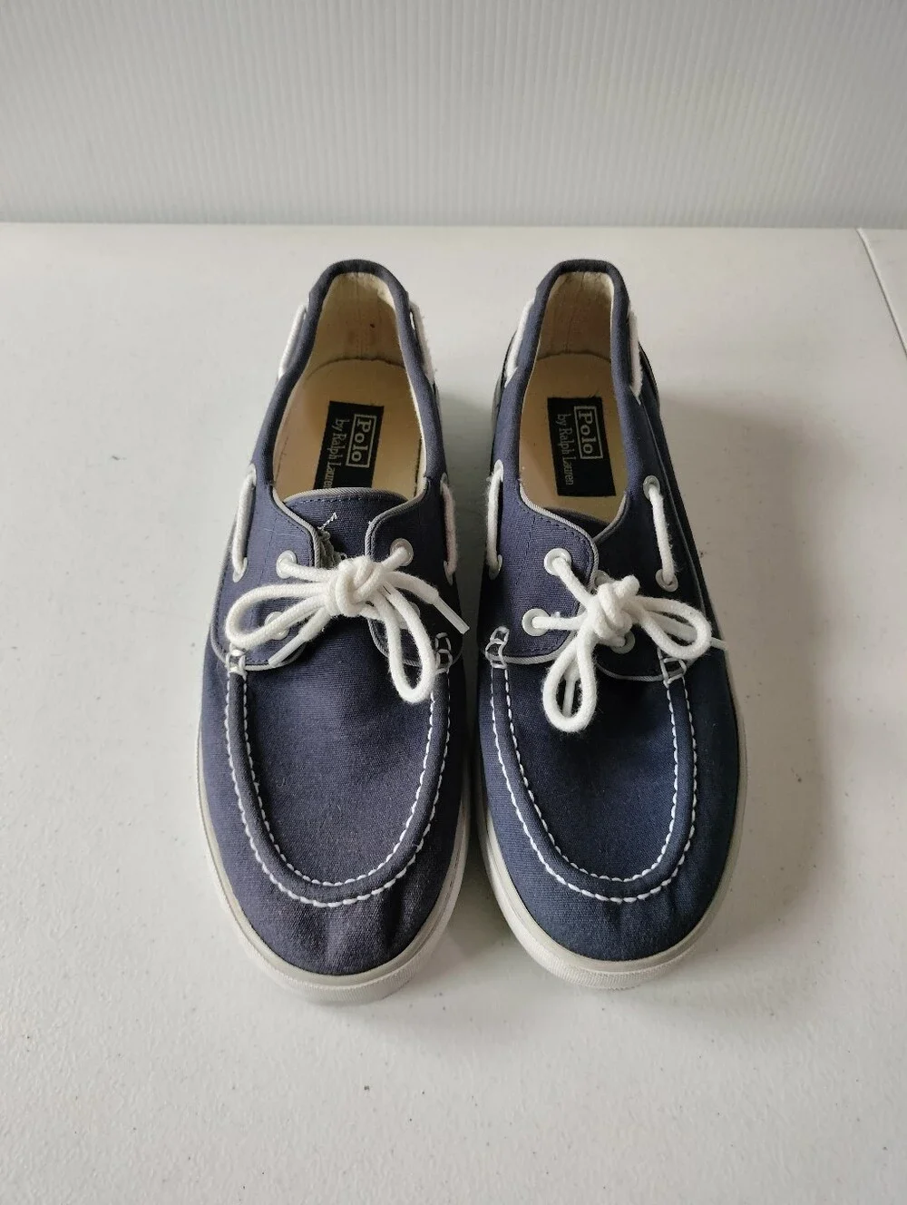 Polo Ralph Lauren Lander Navy White Canvas Boat Shoes 9 Vacation Cruise Preppy
